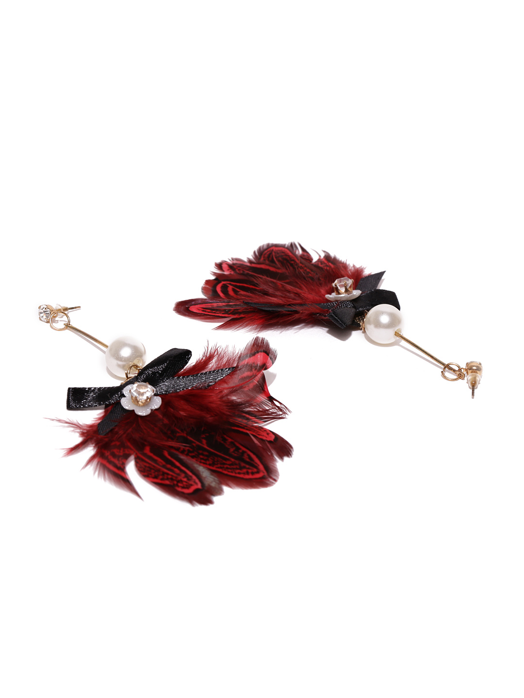 YouBella Red Gold-Plated Feather-Shaped Drop Earrings